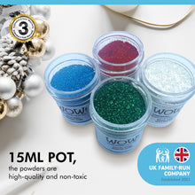 Load image into Gallery viewer, WOW! 4 piece Embossing Glitter Glitz Collection| 4 x 15ml pots | Blue White Red and Green Glitz | Free your creativity and enhance your card making sparkle | High-quality and NON-TOXIC
