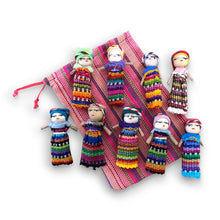 Load image into Gallery viewer, Set of 9 Guatemalan handmade Worry Dolls with a colourful crafted storage bag