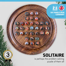 Load image into Gallery viewer, 22cm Diameter WOODEN SOLITAIRE BOARD GAME with TANGY ORANGE SWIRL GLASS MARBLES