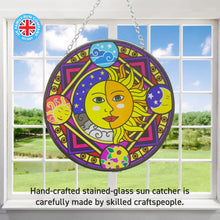Load image into Gallery viewer, Glass sun catcher with sun and moon design with four seasons border | 150mm diameter with chain for hanging | colour catcher | window decoration | perfect for conservatory | living rooms | garden