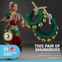 Load image into Gallery viewer, Pair of Classical Indian Ghungroos | Ankle bracelets | Green padded strap | Bhangra Kathak Dances | Anklets | Wedding Favours | Bollywood anklet | Ankle Foot Bracelet | Musical accessory