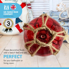Load image into Gallery viewer, DEEP RED GLASS FISHING FLOAT ORNAMENTAL SEA BUOY | hand blown | nautical seafaring fishing rustic décor | 10cm diameter | with rustic brown string netting and hanging loop