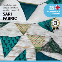 Load image into Gallery viewer, RECYCLED SARI FABRIC BUNTING | Green colours | 5m long | Garland for Garden Wedding Birthday Indoor Outdoor Party Decoration Festival | Diwali bunting | Bohemian Bunting