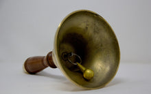 Load image into Gallery viewer, Wooden handled Solid Brass School Hand Bell with Split Ring Attachment | Dinner | Reception| School | Last Orders | Library Bell | Fire Bell | Christmas bell | 29cm high x 13cm diameter