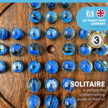Load image into Gallery viewer, 22cm Diameter WOODEN SOLITAIRE BOARD GAME with BRILLIANT BLUE SWIRL GLASS MARBLES