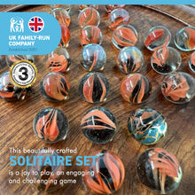 Load image into Gallery viewer, 22cm Diameter WOODEN SOLITAIRE BOARD GAME with TANGY ORANGE SWIRL GLASS MARBLES