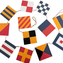 Load image into Gallery viewer, Wooden maritime signal flags bunting | Set of 12 flags 9cm x 9cm | Overall length 160cm | Naval Themed Decoration Pennant Banners for Home | Boat | Ship | Vessel | Birthday Indoor Outdoor Party
