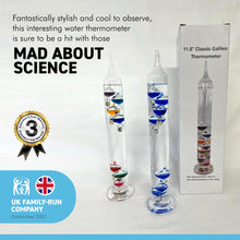 Load image into Gallery viewer, Set of Two 30cm Tall Free Standing Galileo Thermometers each with seven floating globes | measures temperatures from 16 degrees Centigrade to 28 degrees | also in Fahrenheit | Weather station
