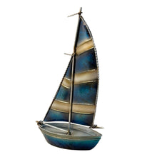 Load image into Gallery viewer, DECORATIVE MODEL METAL BERMUDA STYLE RIGGED ORNAMENTAL YACHT | Striped sails | 17cm (L) x 26cm (H) | Ready for display |Perfect for a nautical themed bathroom