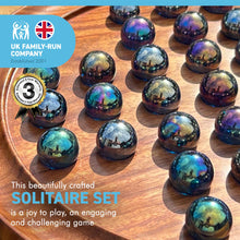 Load image into Gallery viewer, 30cm Diameter WOODEN SOLITAIRE BOARD GAME with LUSTERED BLUE GLASS MARBLES | classic wooden solitaire game | strategy board game | family board game | games for one | board games
