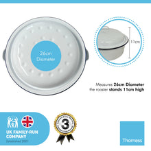 Load image into Gallery viewer, White 26cm diameter enamel roaster with navy blue edging | supplied with matching lid  | Tableware | casserole roasting oven dishes | Traditional classic style | baking bakeware