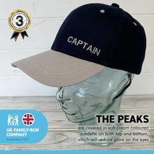 Load image into Gallery viewer, Set of 4 Adjustable CAPTAIN NAVY BLUE BASEBALL CAPS | yachting cap | sailors cap | 100% cotton twill material | low profile front contrast peak | six panel hat | Ideal for the person who thinks they are in charge