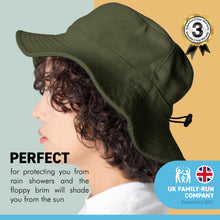 Load image into Gallery viewer, COUNTRY GREEN 60cm SHOWERPROOF BRIMMED TRILBY BUCKET STYLE HAT | Water-Repellent Bucket style Hat | 100% cotton | lightweight and breathable |foldable | Elasticated toggle for adjustable size