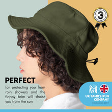 Load image into Gallery viewer, COUNTRY GREEN 60cm SHOWERPROOF BRIMMED TRILBY BUCKET STYLE HAT | Water-Repellent Bucket style Hat | 100% cotton | lightweight and breathable |foldable | Elasticated toggle for adjustable size
