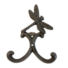 Load image into Gallery viewer, Cast Iron Dragonfly Double Robe Hook | Cloakroom Hook | Decorative Double Hook |Height 130mm x Width 100mm x Depth 30mm | Fixing Screws Supplied