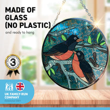 Load image into Gallery viewer, Robin Redstart Glass sun catcher | 150mm diameter with chain for hanging | colour catcher | window decoration | perfect for conservatory