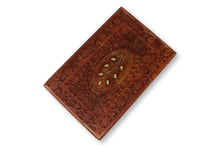 Load image into Gallery viewer, Large Carved Pattern Wood Treasure Chest Trinket Box Brass Inlay