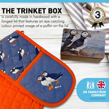 Load image into Gallery viewer, WOODEN PUFFIN DESIGN KEEPSAKE BOX and OVEN GLOVE CUTE PUFFIN SEA BIRD DOUBLE OVEN MITTS | Keepsake and Wooden Gift Boxes | Heat Resistant Kitchen Oven Mitts with Soft Quilted Cotton Lining Filling