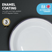 Load image into Gallery viewer, White 22cm diameter round enamel Pie Dish with navy blue edging | Tableware | Metal outdoor camping roasting oven dishes | Traditional classic style