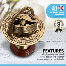 Load image into Gallery viewer, ARMILLARY SPHERE PAPERWEIGHT | NAUTICAL ORNAMENTAL PAPER WEIGHT | 13cm high | Revolving centre | Nautical gifts for desk | Machined brass mounted on hardwood |mantelpiece ornament