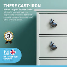 Load image into Gallery viewer, Pack of 2 CAST IRON RABBIT SHAPED DRAWER KNOBS for Kitchen cupboards | Cast Iron Antique style finish | Vintage charm meets modern functionality | 4cm wide x 2cm depth | Draw cabinet pull knob.