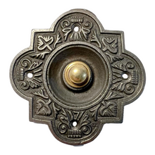 Load image into Gallery viewer, Cast iron traditional Quatrefoil shape Doorbell Push Button |10cm x 10cm | Brass push button with cast iron surround | Vintage style door bell push