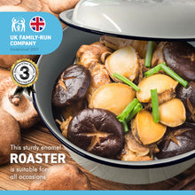 Load image into Gallery viewer, White 26cm diameter enamel roaster with navy blue edging | supplied with matching lid  | Tableware | casserole roasting oven dishes | Traditional classic style | baking bakeware