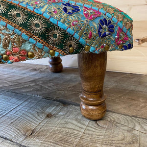 Classic Brocade, Diagonal Patchwork, Embroidered, Indian Footstool - Turquoise.