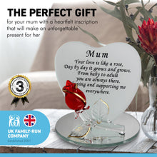 Load image into Gallery viewer, Frosted Glass Heart shaped Plaque with heartfelt moving verse for Mum | Unique gift for your mother | Includes red glass rose with gold edging on a mirror plinth | Gift Boxed with matching ribbon
