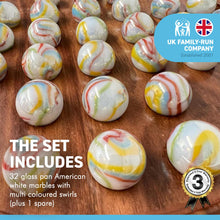 Load image into Gallery viewer, 30cm Diameter WOODEN SOLITAIRE BOARD GAME with GLASS Pan American WHITE MARBLES WITH MULTI COLOURED SWIRLS | classic wooden solitaire game | strategy board game | family board game | games for one
