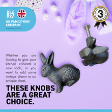 Load image into Gallery viewer, Pack of 2 CAST IRON RABBIT SHAPED DRAWER KNOBS for Kitchen cupboards | Cast Iron Antique style finish | Vintage charm meets modern functionality | 4cm wide x 2cm depth | Draw cabinet pull knob.