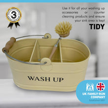 Load image into Gallery viewer, Cornish cream colour kitchen sink enamel washing up sink tidy with wooden handled brush