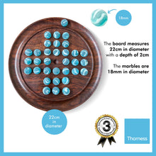 Load image into Gallery viewer, 22cm Diameter WOODEN SOLITAIRE BOARD GAME with ICEBERG GLASS MARBLES