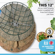 Load image into Gallery viewer, Metal 12 Inch diameter green Hanging Basket with 3 jute liners