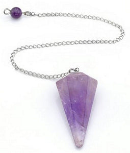 Amethyst faceted pendulum dowser on silver chain with pendulum board