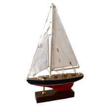 Load image into Gallery viewer, Illuminated detailed wooden assembled display model of a J Class style Yacht | LED lights along the mast and sails | ready for display | adjustable rigging blocks sewn cotton sails | length 25cm height 36cm