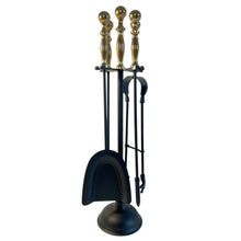 Load image into Gallery viewer, Large brass handled metal 5-piece fireside companion set | Fire companion sets | includes stand, brush, tongs, poker, and shovel | 63cm high