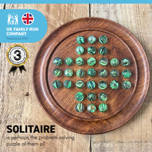 Load image into Gallery viewer, 22cm Diameter WOODEN SOLITAIRE BOARD GAME with LUSH GREEN SWIRL GLASS MARBLES