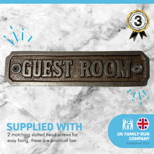 Load image into Gallery viewer, Cast Iron Antique Style GUEST ROOM PLAQUE SIGN |sitting room | drawing room | home décor | door sign | Guest House | Kitchen | Farmhouse | Pub | old style Period Plaque |14cm x 3.5cm
