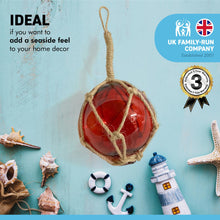 Load image into Gallery viewer, DEEP RED GLASS FISHING FLOAT ORNAMENTAL SEA BUOY | hand blown | nautical seafaring fishing rustic décor | 10cm diameter | with rustic brown string netting and hanging loop