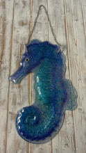 Load image into Gallery viewer, LARGE GLASS SEAHORSE WALL HANGING PLAQUE | Bathroom hanging ornament outdoor nautical glass decoration | Seaside décor | nautical décor | 44cm (L) x 26cm (W) | Bathroom wall art