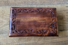 Load image into Gallery viewer, Carved Pattern Dark Wood Treasure Chest Trinket Box
