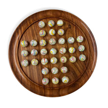 Load image into Gallery viewer, 30cm Diameter WOODEN SOLITAIRE BOARD GAME with GLASS Pan American WHITE MARBLES WITH MULTI COLOURED SWIRLS | classic wooden solitaire game | strategy board game | family board game | games for one