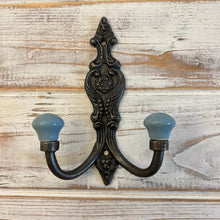 Load image into Gallery viewer, CAST IRON FRENCH STYLE DOUBLE ORNATE HOOKS | Duck Egg Blue Ceramic Ball Tops | Cloakroom Hook | Decorative Double Hook, hat and coat hook | 15cm x 11cm.