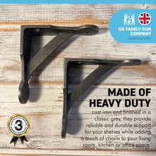 Load image into Gallery viewer, 2 x GALLOWS PENNY END SHELF BRACKET – 5 X 5 Inch Grey Cast Iron Heavy Duty Pair of Wall Brackets for Shelves | Grey Shelf Brackets | Vintage Wall Shelf brackets | Industrial Style Bracket