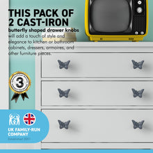 Load image into Gallery viewer, 2 x CAST IRON BUTTERFLY SHAPED DRAWER KNOBS for Kitchen cupboards | Cast Iron Antique style finish | Vintage charm meets modern functionality | 5cm wide x 2cm depth | Draw cabinet pull knob.