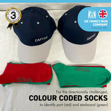 Load image into Gallery viewer, CAPTAIN and SKIPPER BASEBALL CAP with 2 PAIRS of NAUTICAL cotton rich woven SOCKS