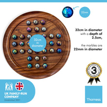Load image into Gallery viewer, 30cm Diameter WOODEN SOLITAIRE BOARD GAME with LUSTERED BLUE GLASS MARBLES | classic wooden solitaire game | strategy board game | family board game | games for one | board games