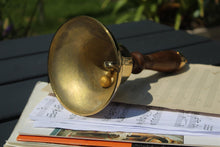 Load image into Gallery viewer, Wooden handled Solid Brass School Hand Bell with Split Ring Attachment | Dinner | Reception| School | Last Orders | Library Bell | Fire Bell | Christmas bell | 29cm high x 13cm diameter