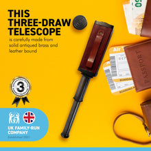 Load image into Gallery viewer, 15-inch square three draw folding telescope | Solid antiqued brass and leather bound | Telescope Nautical Vintage | Spy glass | Marine pirate | 25mm object lens with lens cap